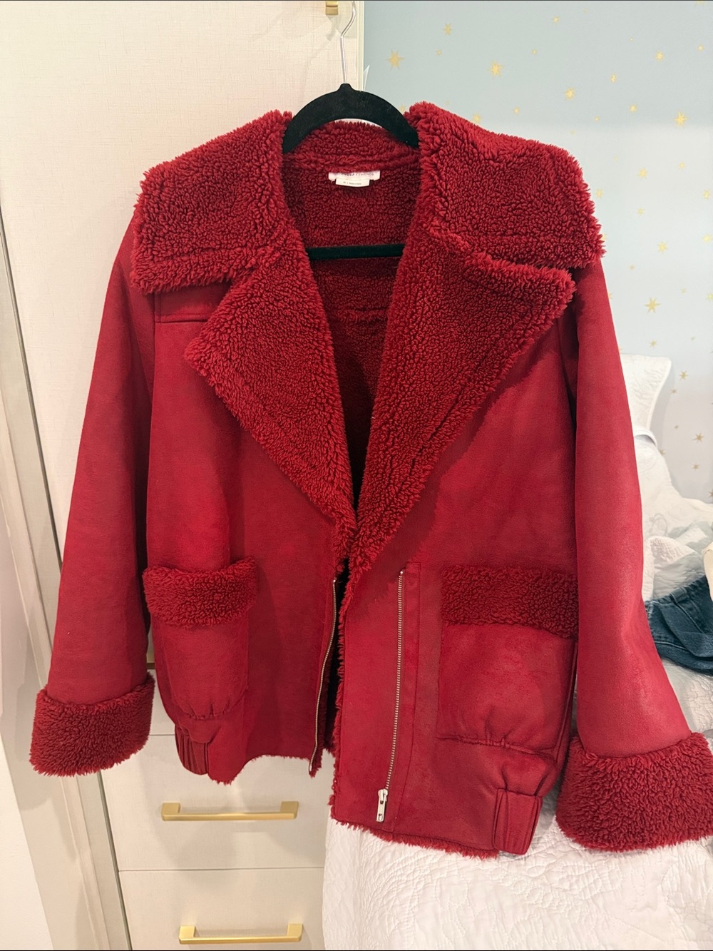 Lovers + Friends Plush Red Teddy Aviator Jacket